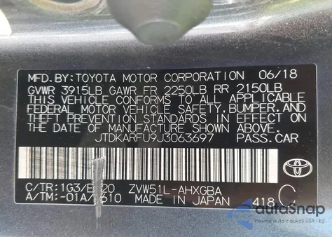 2018 Toyota Prius Four из США, поврежденный, VIN JTDKARFU9J3063697